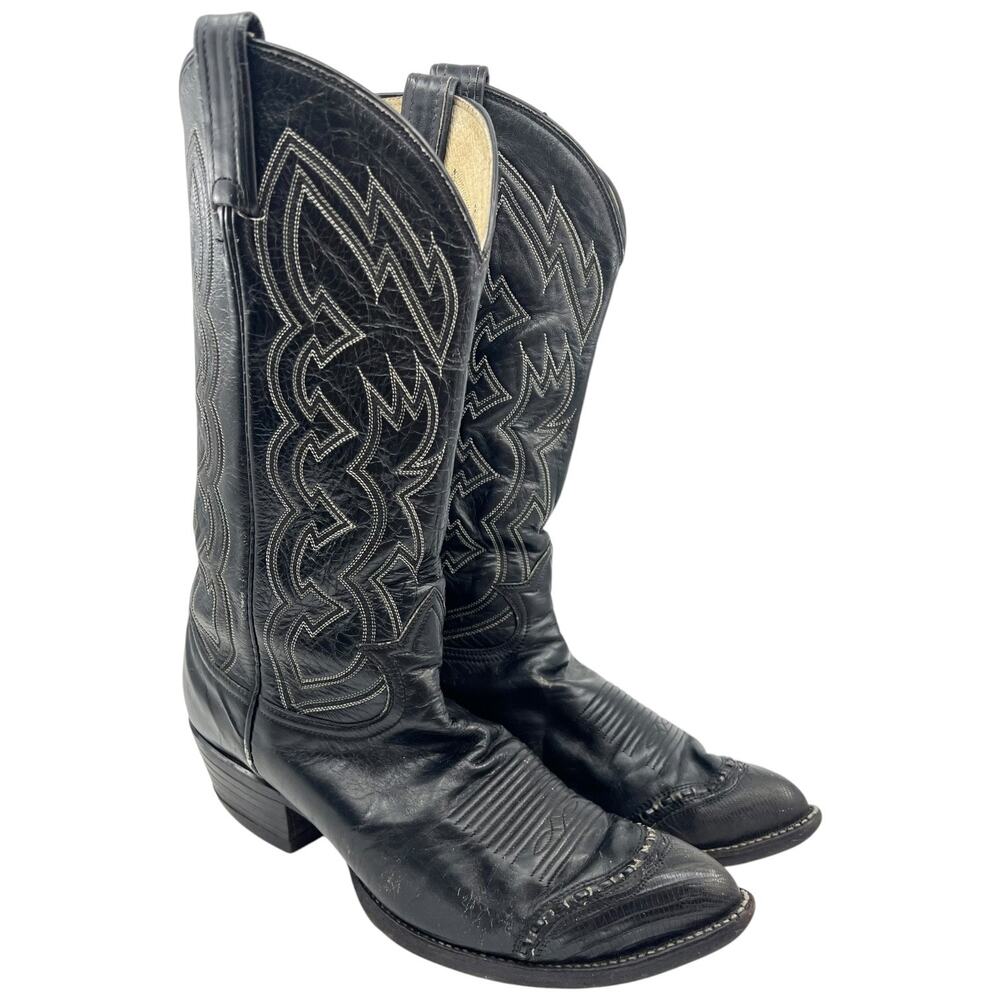 Vintage Tony Lama Women’s 9.5 D Black Leather Cowboy Boots Western Lizard Toe